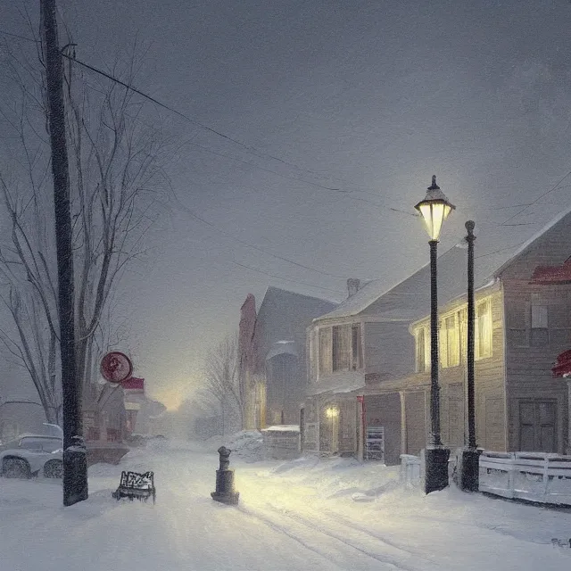 Image similar to a beautiful painting of a small new england town engulfed in a noreaster blizzard by rutkowski and rockwell, detailed, art gallery quality, cinematic lighting