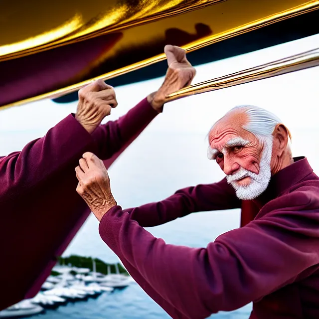 Image similar to wrinkled hunchbacked old man in musty burgundy suit, polishing painting the side of a huge gold plated mega yacht with a cloth, maintenance photo