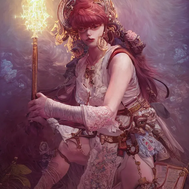Prompt: the portrait of neutral good colorful female cleric bard as absurdly beautiful, gorgeous, elegant, young gravure idol, an ultrafine hyperdetailed illustration by kim jung gi, irakli nadar, intricate linework, sharp focus, bright colors, octopath traveler, final fantasy, unreal engine 5 highly rendered, global illumination, radiant light, detailed and intricate environment