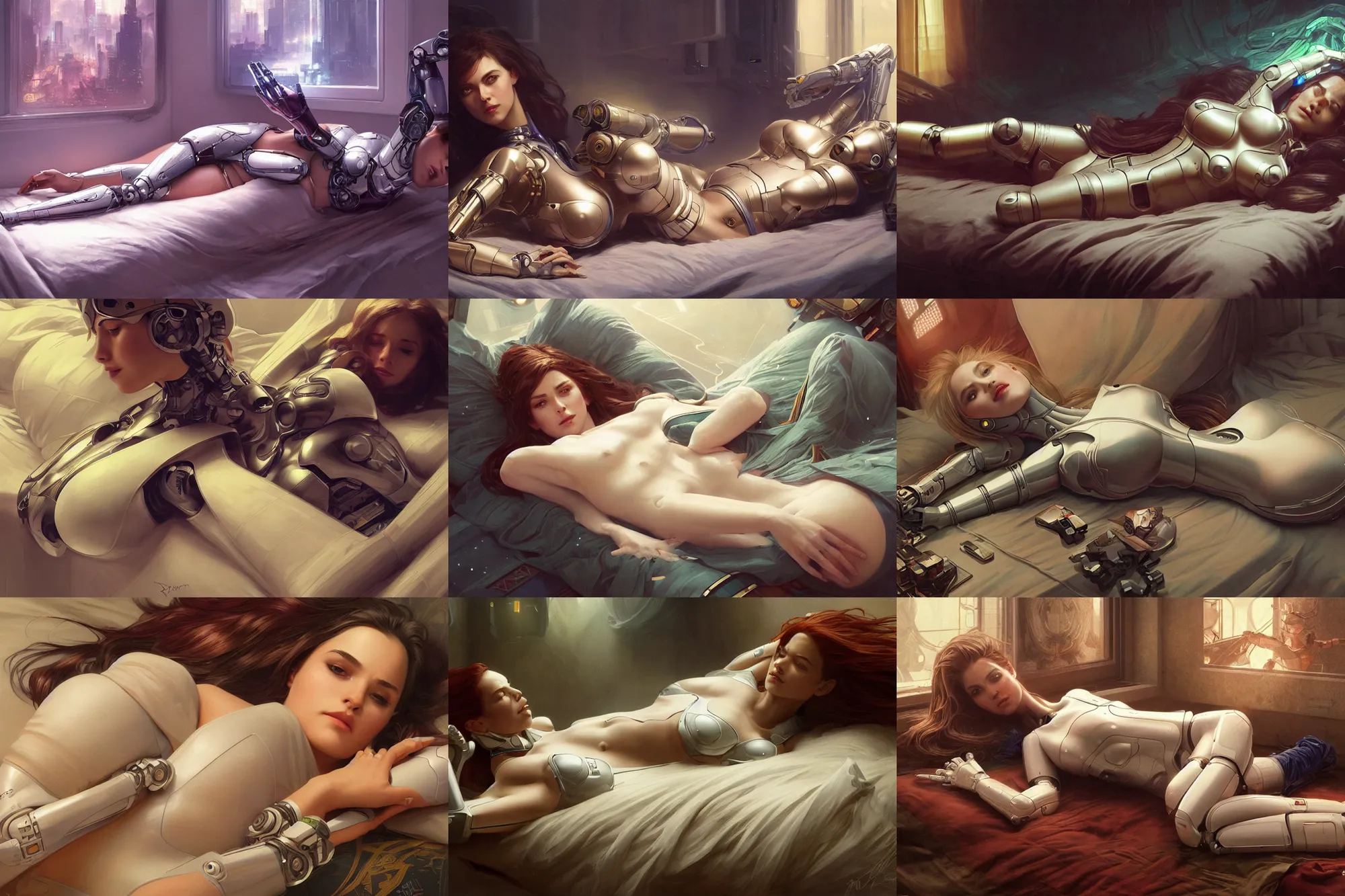 Prompt: Ultra realistic illustration, robot woman lie on the bed, cyberpunk, sci-fi, fantasy, intricate, elegant, highly detailed, digital painting, artstation, concept art, smooth, sharp focus, illustration, art by artgerm and greg rutkowski and alphonse mucha