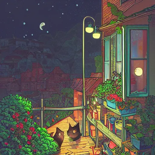 Prompt: cottagecore illustration of a small town, plants, moon, night, street lamps, cats, fence, windows, terrace, flowers, dramatic lighting, trending on Artstation, art by James Jean, Ilya Kuvshinov, Loish Van Baarle, sharp, illustration