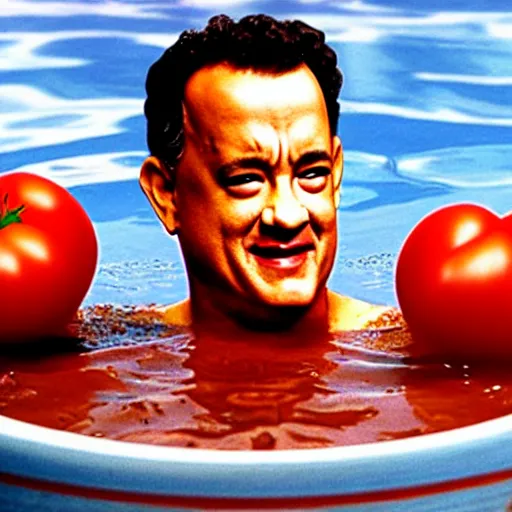 Prompt: tom hanks swimming in a bowl of tomato soup