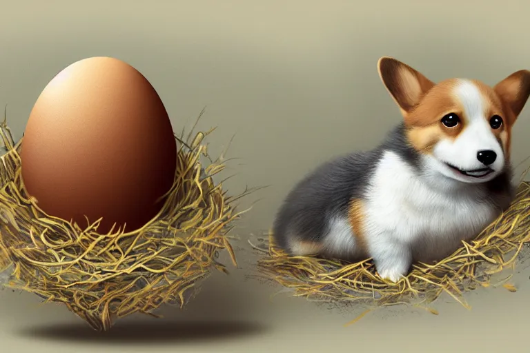 Image similar to a baby corgi crawling out of an egg in a nest, fantasy art, concept art, digital art, trending on artstation, 4 k, extremely detailed, realistic,