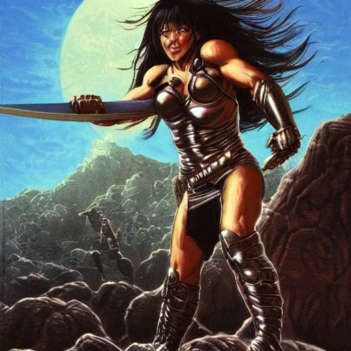 Image similar to a muscular bronze - skinned silver - eyed black - haired woman warrior wearing xena armor, holding a sword aloft, in a crowded alien arena on a hostile planet, highly detailed, ron cobb, moebius, heavy metal magazine, mike mignola, trending on art station, illustration, comic book