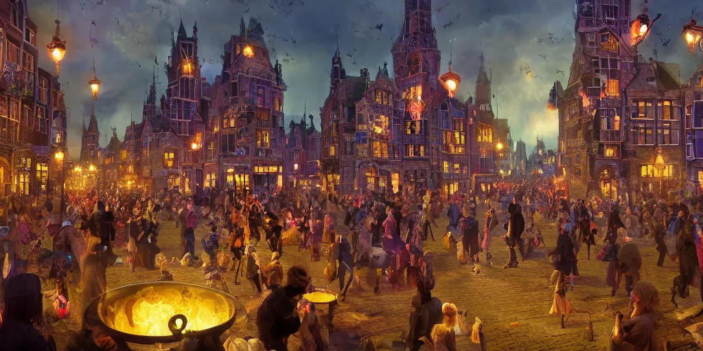 Image similar to a bustling magical town with witches and black cats dancing around a colorful music festival in its center, inspired by victorian england and amsterdam, highly detailed, intricate, digital painting, trending on artstation, concept art, matte painting, art by greg rutkwowski, craig mullins, octane render, 8 k, unreal engine