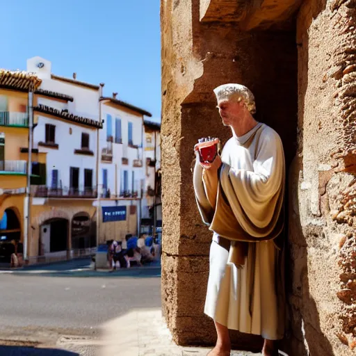 Image similar to a man wearing a roman costume drinking a coffee in alhaurin de la torre in spain