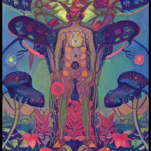 Image similar to bioluminescent prince, by annie swynnerton and leo and diane dillon and adolf wolfli and ( diego rivera ), elaborate costume, flowers, iridescent beetles, rich color, dramatic cinematic lighting, smooth, sharp focus, extremely detailed