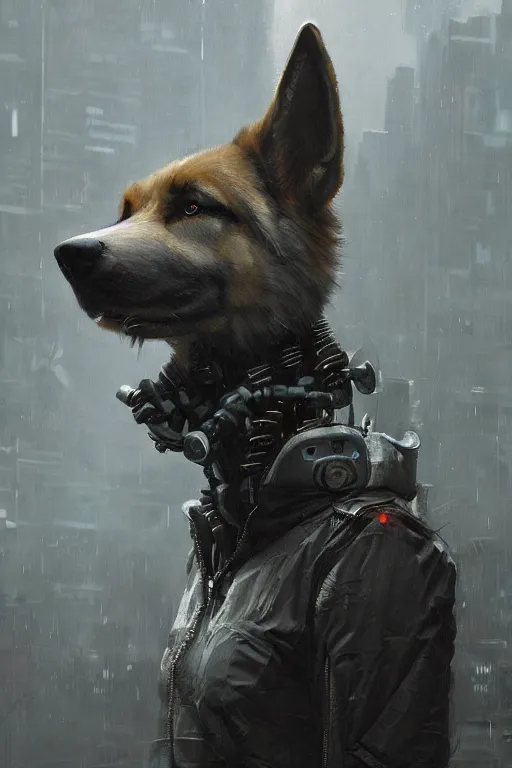 Prompt: new york city portrait of furry anthro anthropomorphic german shepard head animal person fursona wearing clothes strange cybernetic augmentations cyber muzzle robot body gloomy rainy cyberpunk digital art by Greg Rutkowski, Simon Stalenhag, trending on Artstation, CGSociety