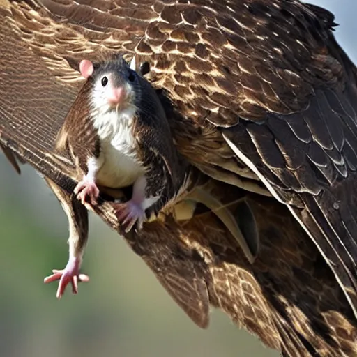 Image similar to a rat riding on the back of a falcon