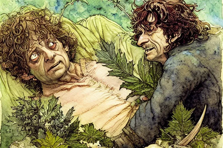 Image similar to a realistic and atmospheric watercolour fantasy character concept art portrait of bilbo baggins lying on his back freaking out with a pot leaf nearby, by rebecca guay, michael kaluta, charles vess and jean moebius giraud