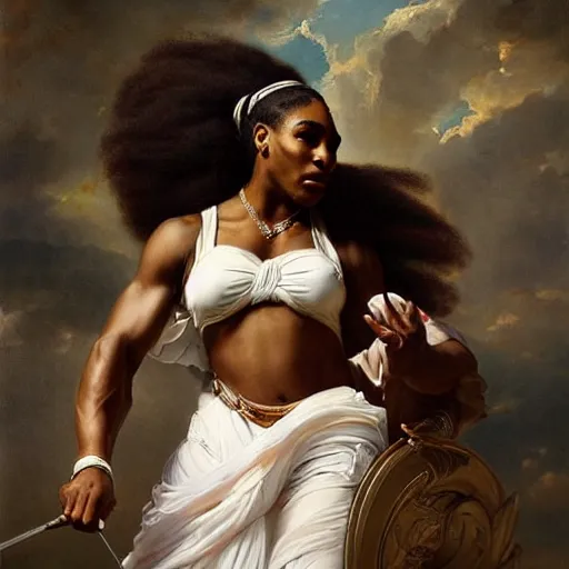 Image similar to Portrait of Serena Williams as Nike Goddess, large wings, luxuriant, dreamy, eternity, romantic, strong pose, highly detailed, in the style of Franz Xaver Winterhalter, highly detailed, in the style of Aetherpunk