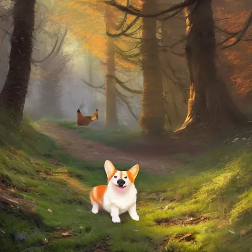 Prompt: happy corgi puppy in a magical forest, extremely detailed digital painting by greg rutkowski, artgerm, ruan jia, moebius, trending on artstation, 8 k