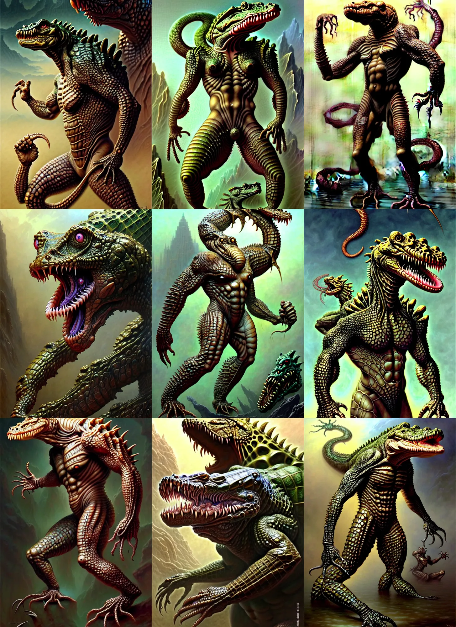 Prompt: muscly half humanoid half crocodile creature, more humanoid than fantasy character portrait, interesting skin coloring,, ultra realistic, intricate details, the fifth element artifacts, highly detailed by peter mohrbacher, allen williams, hajime sorayama, wayne barlowe, boris vallejo, aaron horkey, gaston bussiere, craig mullins