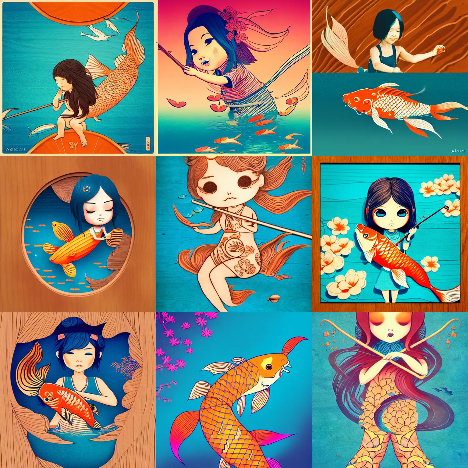 Prompt: skydoll noa, catching a koi fish, by alessandro barbucci, by loish, by audrey kawasaki, barbbara cannepa global illumination, cool colors, wood texture overlays