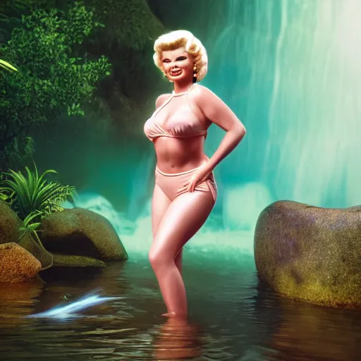 Image similar to a very beautiful sundance award winning image of jayne mansfield under a tropical waterfall, full body, pale pink bikini, cinematic lightning, golden hour, medium shot, alexa mini, cryengine, raytracing, 4 k, cinematic wallpaper by gil elvgren, robert maguire, rudolf belarski