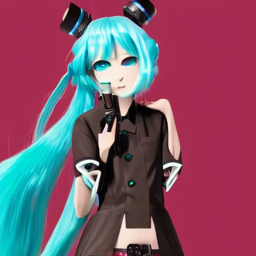 Image similar to hatsune miku smoking weed with a vape pen, smoke coming out of her mouth, bloodshot eyes, artstation, 4 k