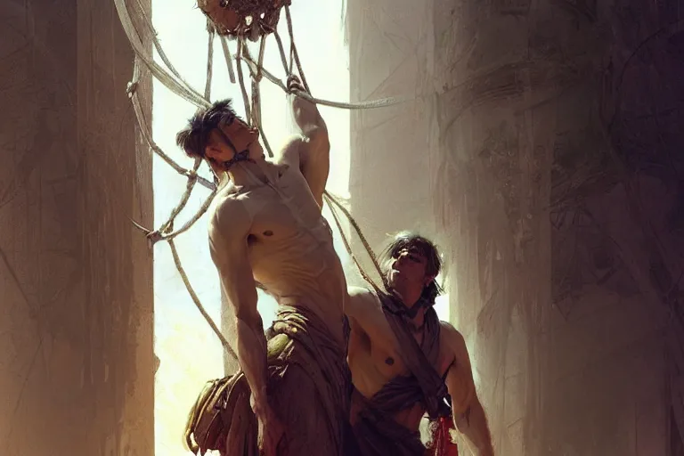 Image similar to a man tied to a pillar, highly detailed, hyperrealistic digital painting, artstation, concept art, smooth, sharp focus, illustration, cinematic lighting, art by artgerm and greg rutkowski and alphonse mucha