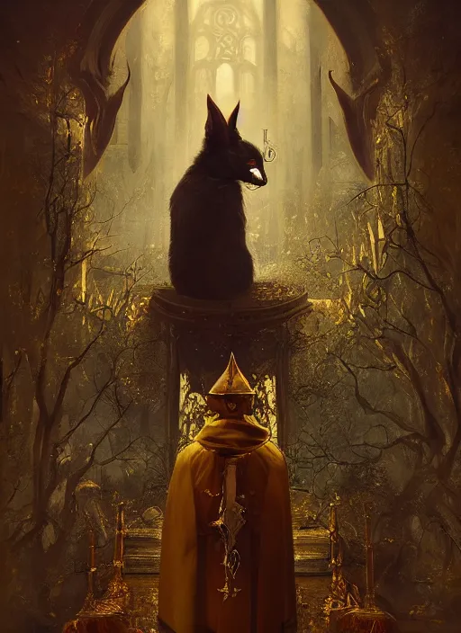 Image similar to surrealistic portrait of anthropomorphic caracal in golden priest clothes wearing vr in orthodox church, bokeh, foggy, dynamic lighting, darkness, ambients, dramatic, foggy, heavy bokeh and blur, cinematic, depth of field, art by bussiere rutkowski andreas rocha