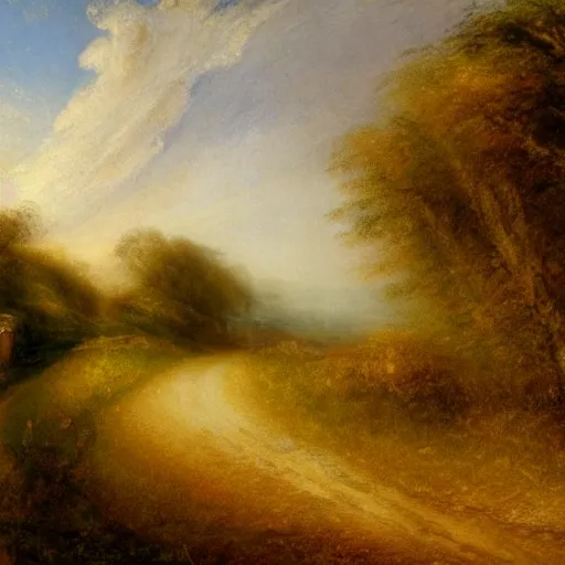 Prompt: a beautiful country path, golden light , sense of awe, in the style of Turner