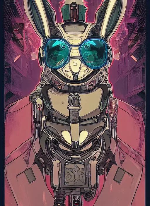 Image similar to cyberpunk buggs bunny. portrait by ashley wood and alphonse mucha and laurie greasley and josan gonzalez and james gurney. spliner cell, apex legends, rb 6 s, hl 2, d & d, cyberpunk 2 0 7 7. realistic face. vivid color. dystopian setting.