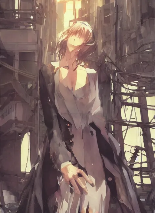 Prompt: woman stands in a street - poster by wlop, kiyohara tama, krenz cushart, masamune shirow, makoto shinkai, yanjun cheng. featured on pixiv, anime aesthetic, pixiv, anime, cold tones, artstation, power lines, vanitas, official art, gothic dark noise film photo - up portrait