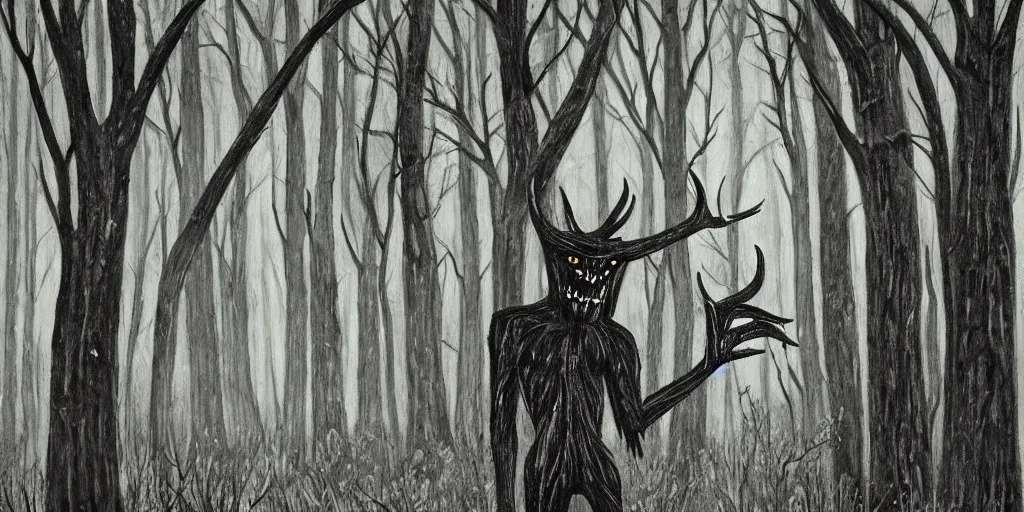 Image similar to wendigo in the woods painting dark creepy