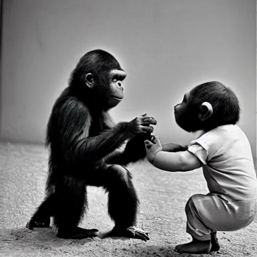 Image similar to a baby gorrila and a baby playing together, 1960s photography.