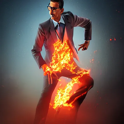 Prompt: hyperrealistic image of jeff goldblum on fire, by thomas eakes & xiang duan, perfect symmetry, dim volumetric lighting, photorealistic, 8 k octane beautifully detailed render, post - processing, extremely hyper - detailed, intricate, epic composition, cinematic lighting, masterpiece, trending on artstation, incredibly detailed, stunning,