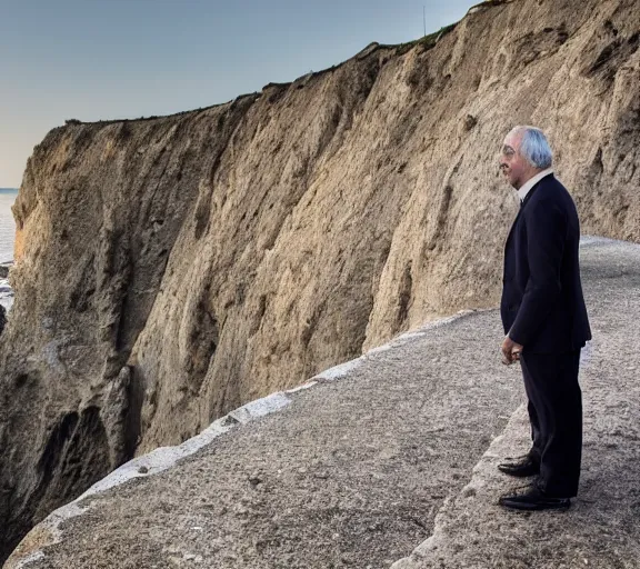 Image similar to a slender grey cat standing on a cliff overlooking a beach. hyper realistic and anamorphic 2 0 1 0 s movie still of giovanni falcone, by paolo sorrentino, leica sl 2 3 0 mm, beautiful color, high quality, high textured, lens flare, refined face and muzzle.