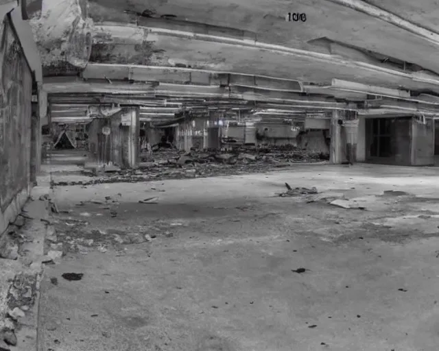 Prompt: camera footage of a Darpa Robot hunting people in an abandoned shopping mall, high exposure, dark, monochrome, camera, grainy, CCTV, security camera footage, timestamp, zoomed in, fish-eye lense, Robot, Drone, Intense, Darpa,