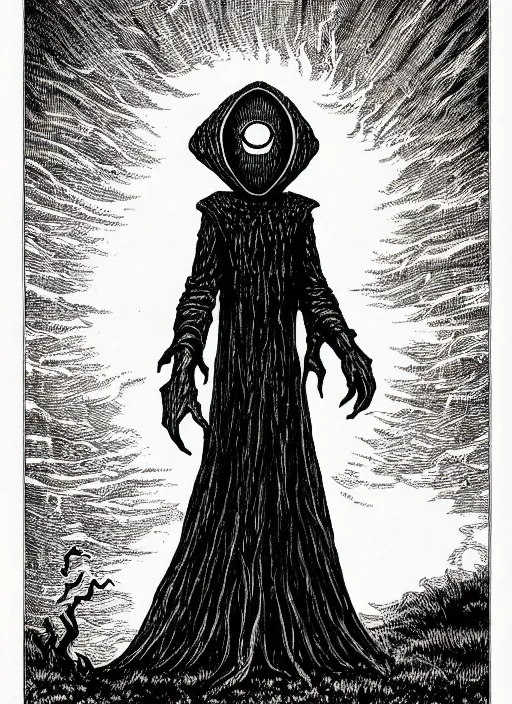 Image similar to the flatwoods monster as a d & d monster, full body, pen - and - ink illustration, etching, by russ nicholson, david a trampier, larry elmore, 1 9 8 1, hq scan, intricate details, inside stylized border