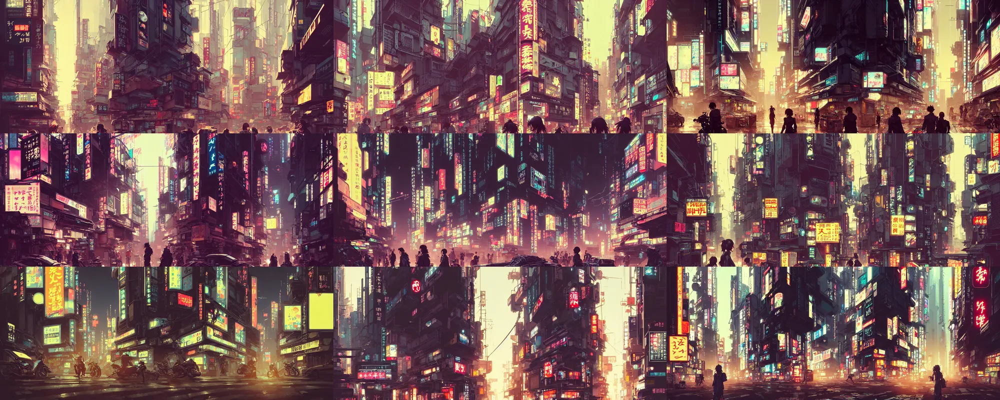 Prompt: hyper - realistic portrait of cyberpunk tokyo, lots of signs and shops, in style of atey ghailan, by greg rutkowski, by greg tocchini, by james gilleard, by joe fenton, by kaethe butcher, dynamic lighting, gradient light yellow, brown, blonde cream and white color scheme, grunge aesthetic
