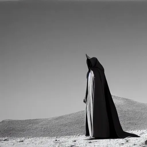 Image similar to a man wearing a long cloak and hood, in the desert, film still, arriflex 3 5