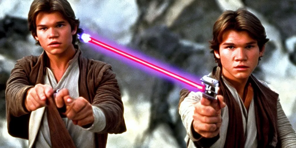 Image similar to A full color still from a film of a teenage Han Solo as a Jedi padawan holding a lightsaber hilt, from The Phantom Menace, directed by Steven Spielberg, 35mm 1990