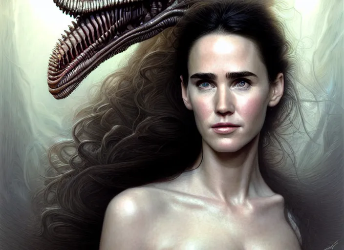 Image similar to portrait shot of young jennifer connelly in alien, intricate, elegant, highly detailed, centered, digital painting, artstation, concept art, smooth, sharp focus, illustration, artgerm, tomasz alen kopera, peter mohrbacher, donato giancola, joseph christian leyendecker, wlop, boris vallejo biomechanical xenomorph