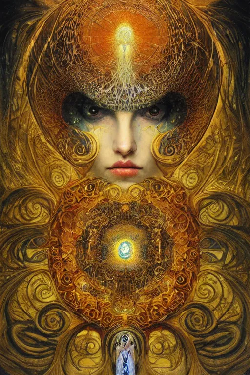 Image similar to Divine Chaos Engine by Karol Bak, Jean Deville, Gustav Klimt, and Vincent Van Gogh, beautiful visionary mystical portrait, sacred, otherworldly, fractal structures, ornate gilded medieval icon, third eye, spirals