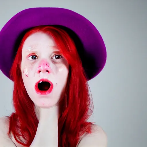 Prompt: Portrait of a with red hair and a purple hat who cries with tears of blood, 50 mm, hyper-realistic, 8K HDR.