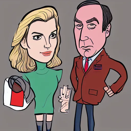 Image similar to kim wexler and saul goodman, cartoon concept art, trending on artstation, high quality