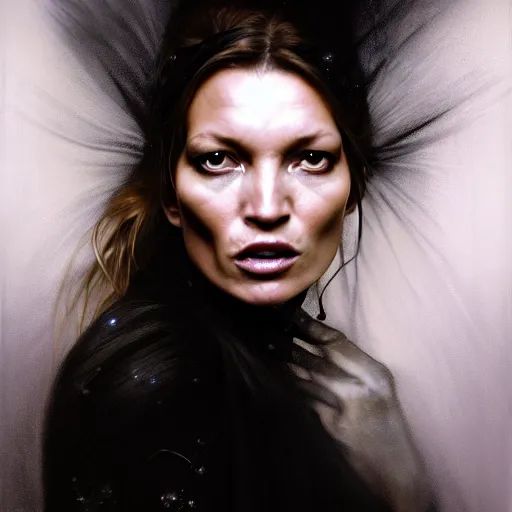 Image similar to hyperrealistic portrait of a woman as kate moss as a vampire witch tears makeup in a black flower coat turned back while closing a window over the shoulder shot portrait torn apart with falling petals in wind. by jeremy mann and alphonse mucha, fantasy art, photo realistic, dynamic lighting, artstation, poster, volumetric lighting, very detailed faces, 4 k, award winning