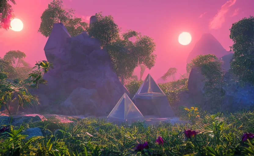 Image similar to a crystal tetrahedron!!! in the middle of ancient ruins in a lush prehistoric jungle, inside a humongous cave, red and magenta flowers, sunset, godrays, orange and blue sky, haze, volumetric lighting, a high - quality render, photorealistic, unreal engine 5