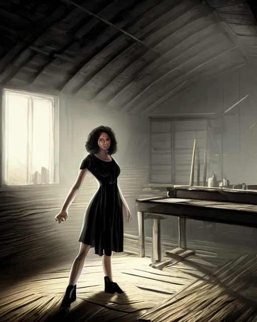Image similar to style : disco elysium. composition : medium shot. style : digital art ; detailed ; menacing ; 4 k. scenery : the inside of a dark barn ; a faint ray of light is shining through a crack in the planks. subject : a young woman ; dark hair ; wearing a white dress. action : the woman is hiding behind a workbench.