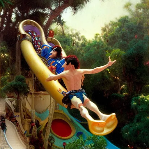 Image similar to michael jackson going down a waterslide with a monkey, highly detailed painting by gaston bussiere, j. c. leyendecker, greg rutkowski, craig mullins 8 k