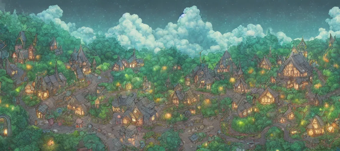 Prompt: Beautiful detailed high quality illustration of an enchanted magical village, beautiful forest on background::art by Ghibli Studio, League of Legends, Arcane, Wild Rift, trending on artstation