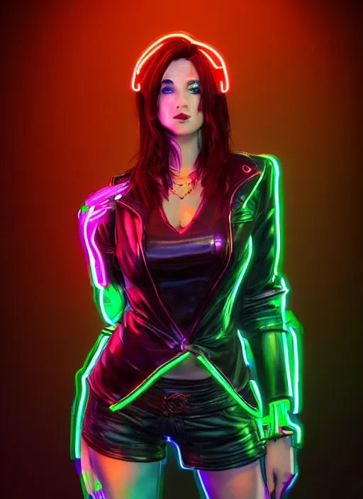 Image similar to pretty young woman with shoulder length shiny shimmering dark red hair and wearing a stuffed leather jacket with the glow of neon lights illuminating her, path traced, highly detailed, high quality, digital painting, by cd projekt red, cyberpunk,