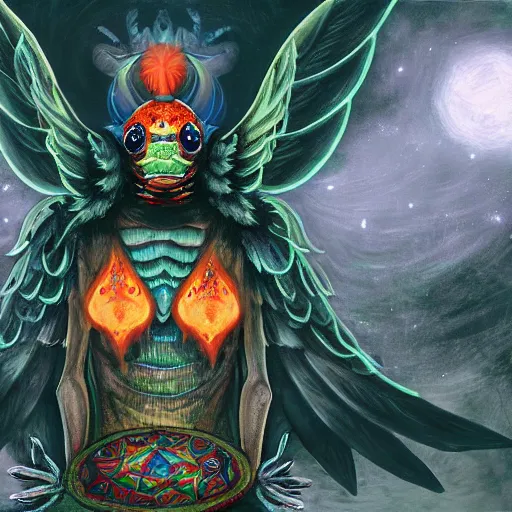 Image similar to A centered chest up portrait of a psychedelic godlike mothman with giant mandala wings smoking a hand-rolled cigarette smoking heavily , magic mushroom village in background , award winning. superb resolution. in the art style of junji Ito and greg rutkowski . Detailed Mushroom city in background. Hyper realistic anime. Perfect art. Dalle2