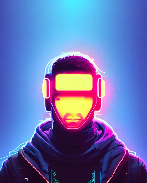 Image similar to cyberpunk synth, hyper - realistic portrait of a man in a hoodie with detailed neon mask, cyberpunk, by atey ghailan, by greg rutkowski, by greg tocchini, by james gilleard, by joe fenton, by kaethe butcher, dynamic lighting, gradient light blue, brown, cinematic lighting color scheme, sharp focus, grunge aesthetic