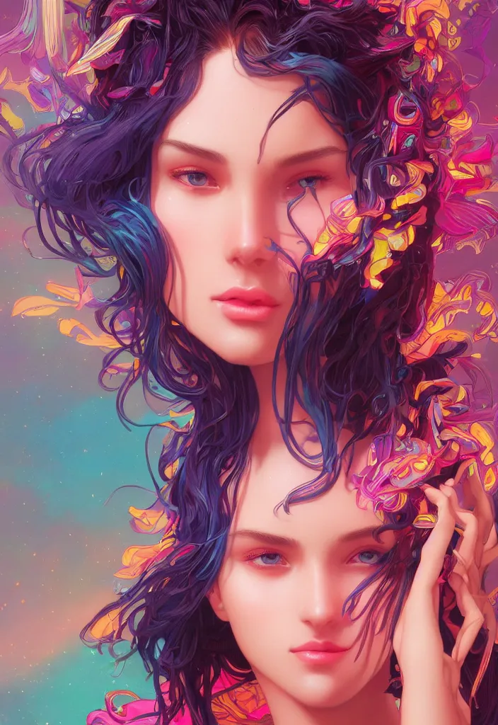 Image similar to beautiful, young woman, detailed gorgeous face, vaporwave aesthetic, synthwave, colorful, psychedelic, artstation, concept art, smooth, extremely sharp detail, finely tuned detail, ultra high definition, 8 k, unreal engine 5, ultra sharp focus, illustration, art by artgerm and greg rutkowski and alphonse mucha