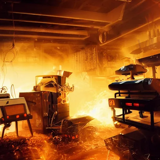 Image similar to cyborg toaster oven repairman, dark messy smoke - filled cluttered workshop, dark, dramatic lighting, orange tint, sparks, plasma rays, cinematic, highly detailed, sci - fi, futuristic, movie still