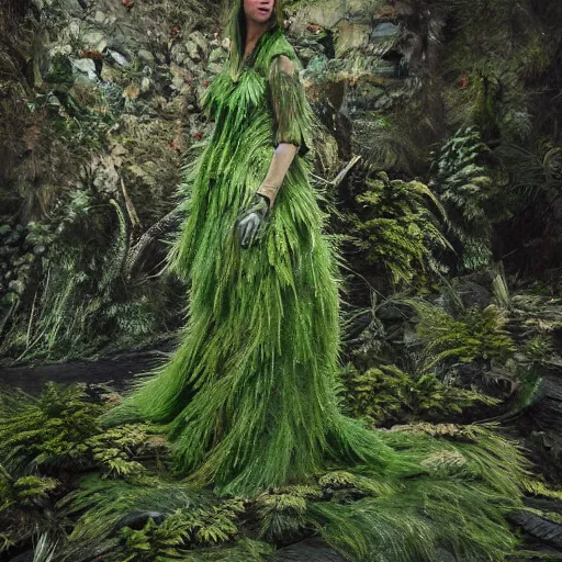 Image similar to a haute couture dress of ferns and flowers and glacial runoff, curvy features, costume design + octane render + hyper realistic + swampy background, vintage