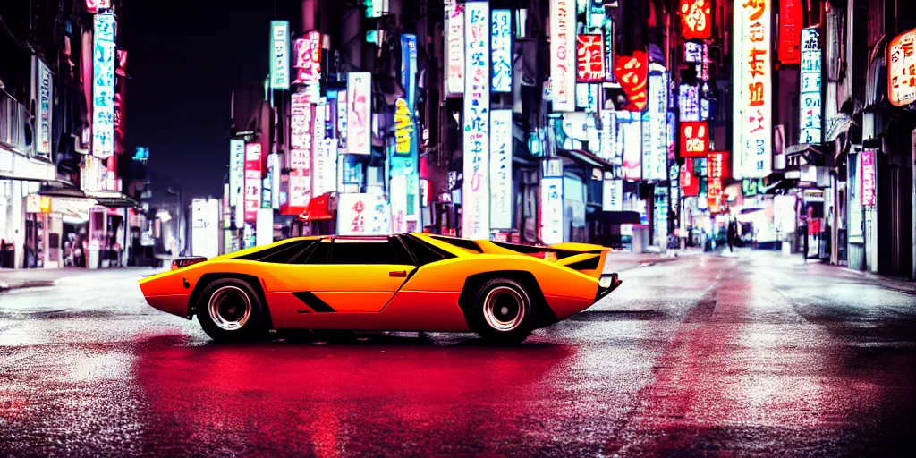 Image similar to photo lamborghini countach parked in a rainy neo tokyo street at night with neon light signs illuminating the scene, sharp focus, highly detailed, ray tracing, cinematic, moody, hdr, 4 k